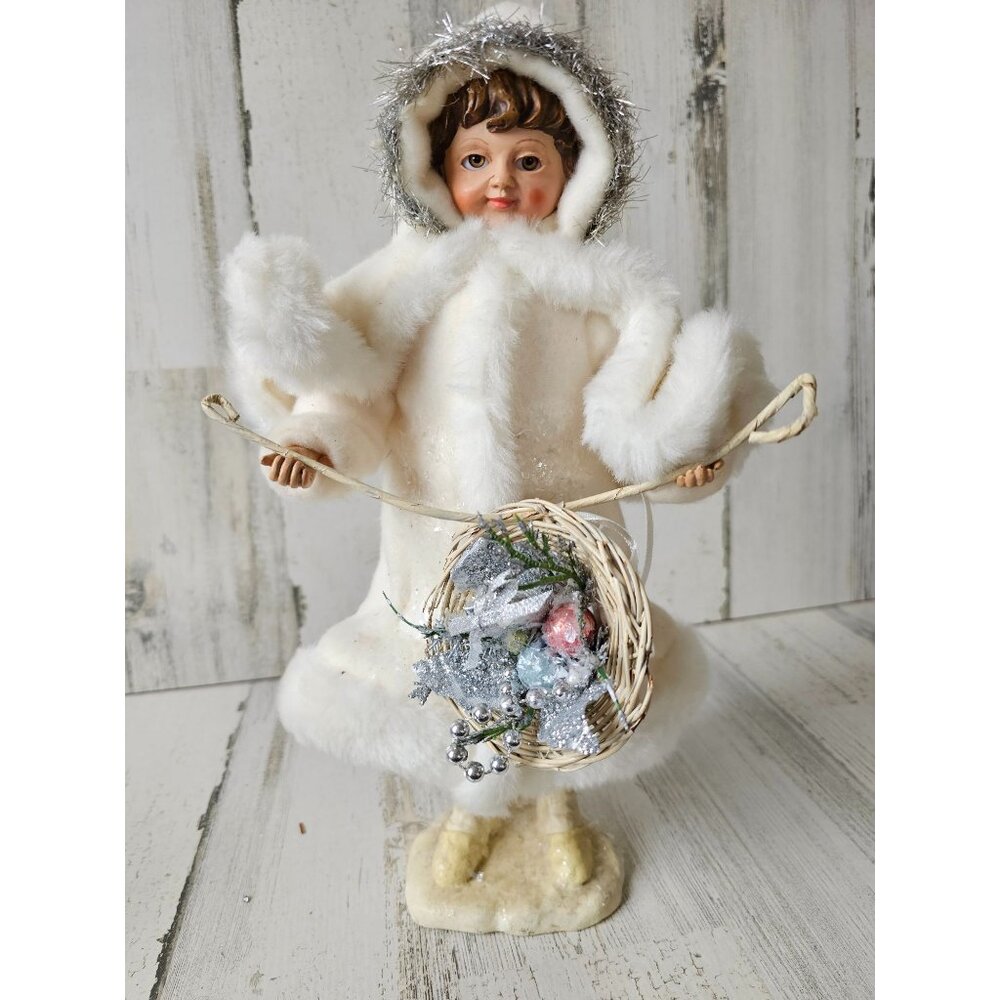 Kd vintage Christmas basket girl fur tinsel decor unique shabby chic centerpiece